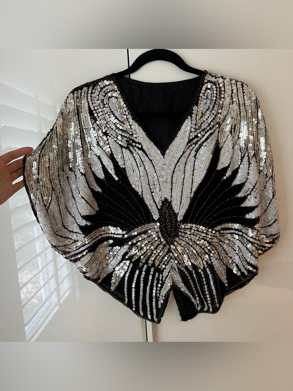 Sho Max Vintage 80s Sequin Butterfly Silk V-Neck Top Black White Gold